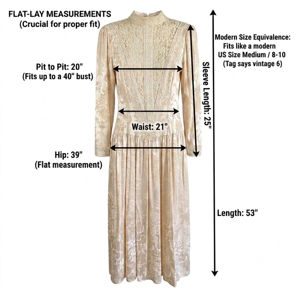 Vintage 80s Jessica McClintock Cream Lace Gown M - Picture 7 of 13
